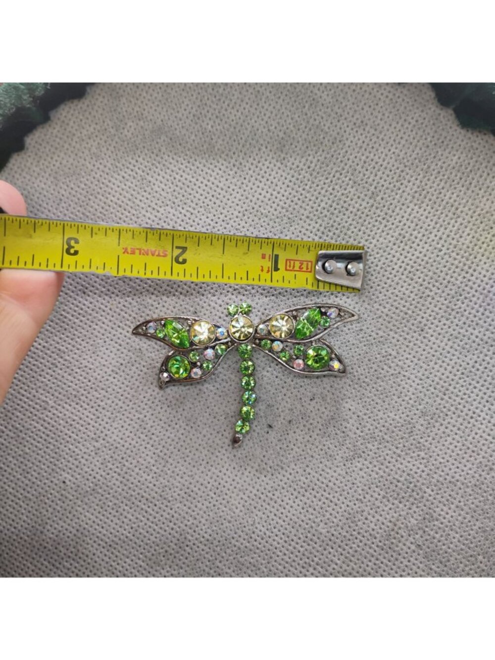 Green Yellow Crystal Rhinestone Dragonfly Brooch Pin 2 1/2" Wingspan - Picture 3 of 5